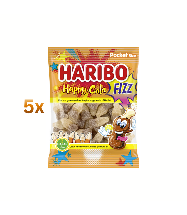 Haribo Happy-Cola Fizz Pocket size, 5x100g Fruchtgummi in goldener Tüte