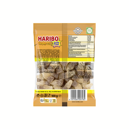Haribo Happy-Cola Fizz, Rückseite der 100g Tüte mit Etikett