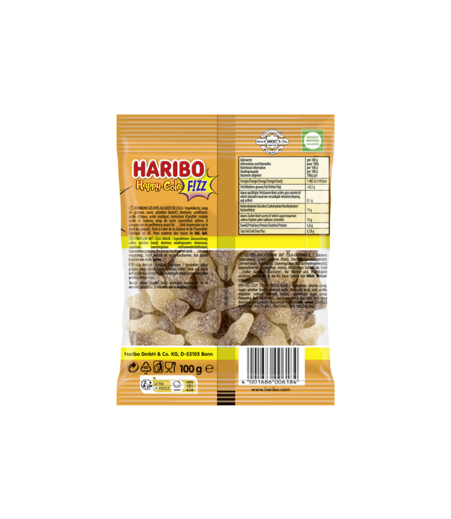 Haribo Happy-Cola Fizz, Rückseite der 100g Tüte mit Etikett