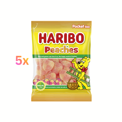 Haribo Peaches Pocket-size Beutel mit Pfirsichmotiv und gelb-orangen Süßigkeiten