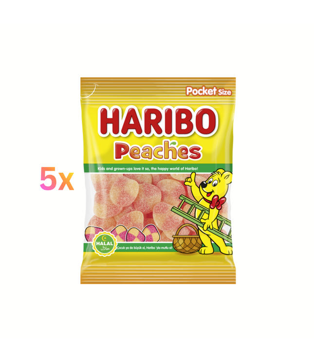 Haribo Peaches Pocket-size Beutel mit Pfirsichmotiv und gelb-orangen Süßigkeiten