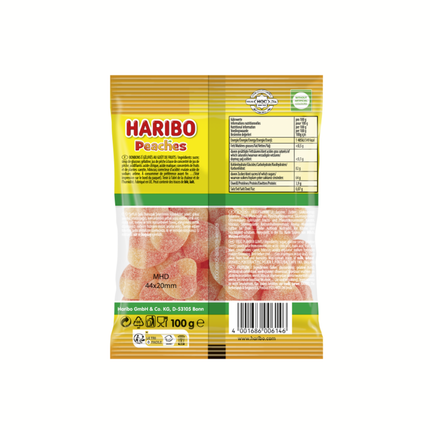 Haribo Peaches Beutel Rückseite mit Nährwerttabelle und Pfirsichfarbenen Süßigkeiten
