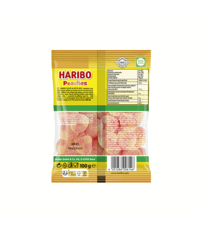 Haribo Peaches Beutel Rückseite mit Nährwerttabelle und Pfirsichfarbenen Süßigkeiten
