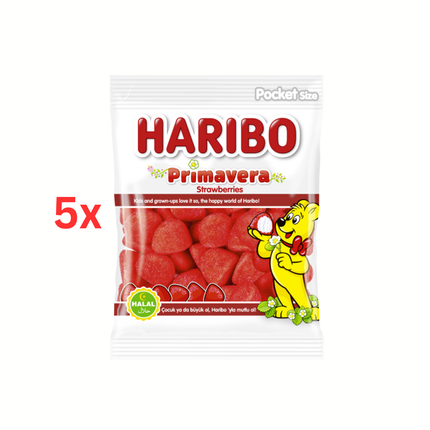 Haribo Primavera Erdbeer-Gummis, 5x100g, weiße Tüte mit rotem Inhalt