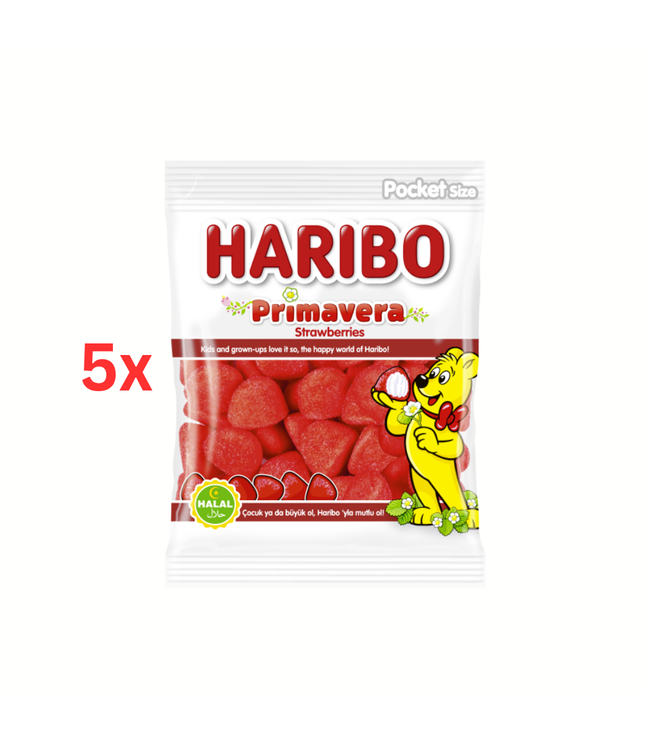 Haribo Primavera Erdbeer-Gummis, 5x100g, weiße Tüte mit rotem Inhalt