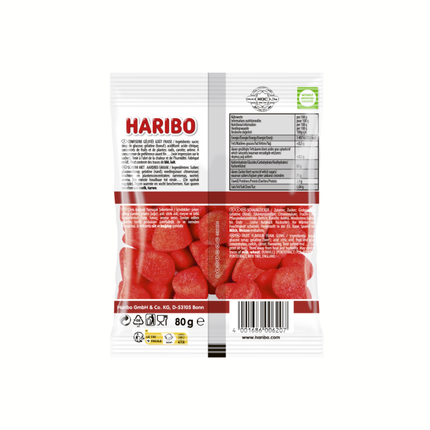 Haribo Halal Süßigkeitenbeutel mit roten Fruchtgummi-Stücken und Inhaltsangaben auf der Rückseite