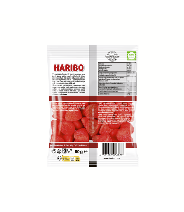 Haribo Halal Süßigkeitenbeutel mit roten Fruchtgummi-Stücken und Inhaltsangaben auf der Rückseite
