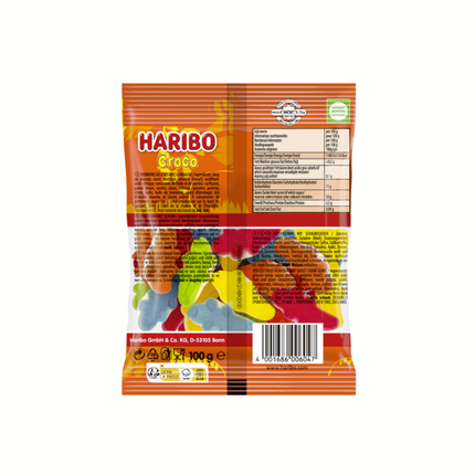 Haribo Croco Tüte, Rückseite mit Zutaten und Nährwerten