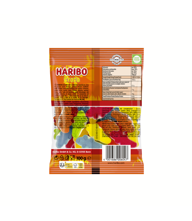 Haribo Croco Tüte, Rückseite mit Zutaten und Nährwerten