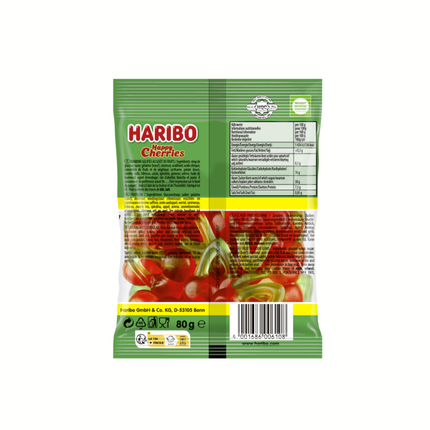 Haribo Happy Cherries Beutel Rückseite mit Nährwerttabelle und gelben Textbereichen