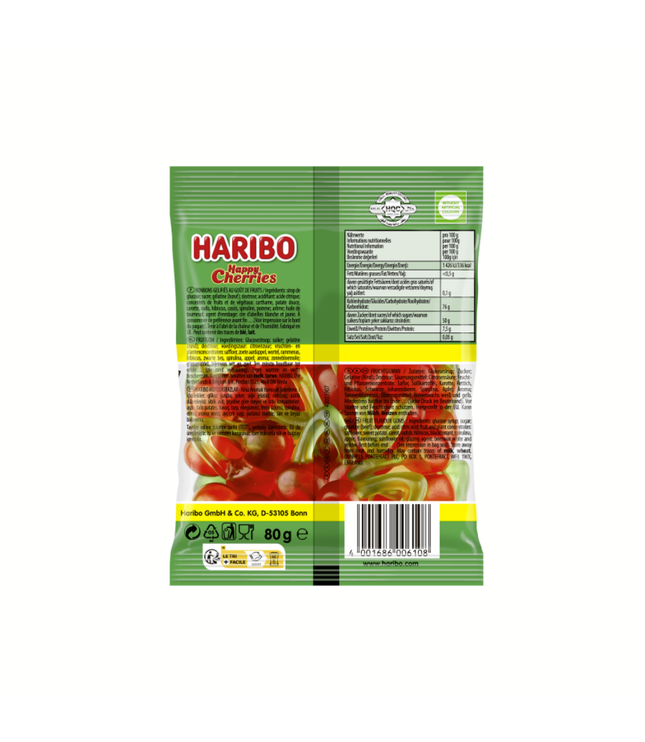 Haribo Happy Cherries Beutel Rückseite mit Nährwerttabelle und gelben Textbereichen