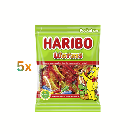 Haribo Wörms Pocket size, 5x100g Fruchtgummi in grüner Tüte
