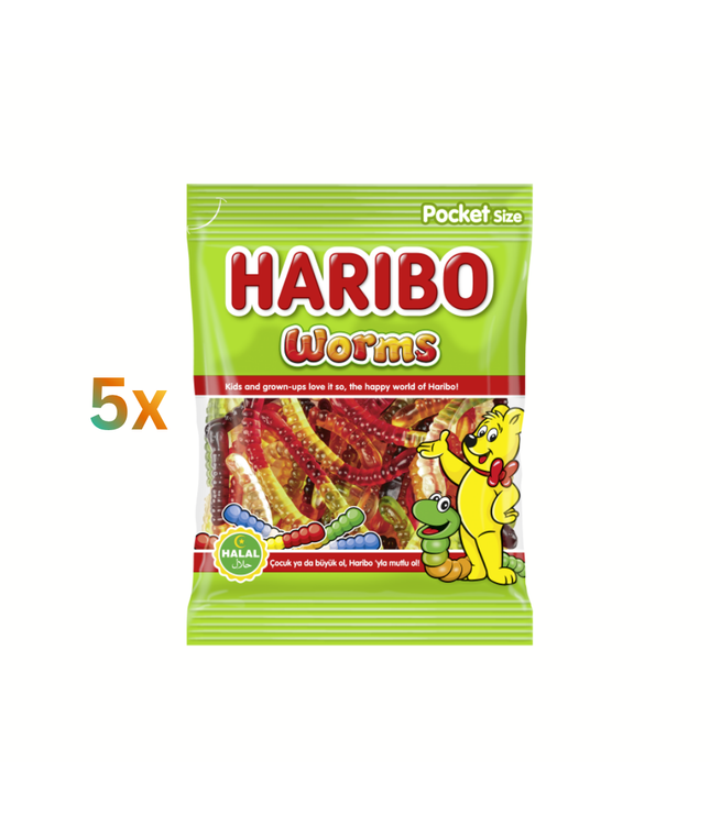 Haribo Wörms Pocket size, 5x100g Fruchtgummi in grüner Tüte