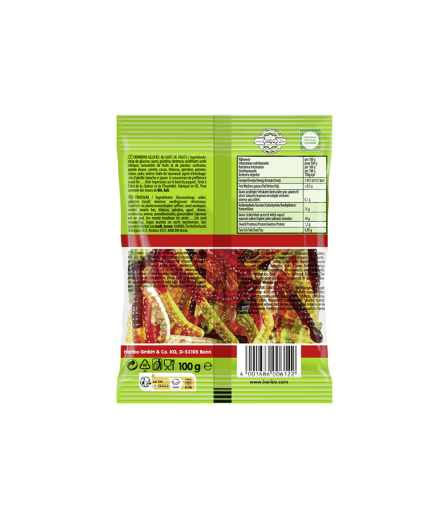 Haribo Wörms Pocket size, Rückseite der 100g Tüte