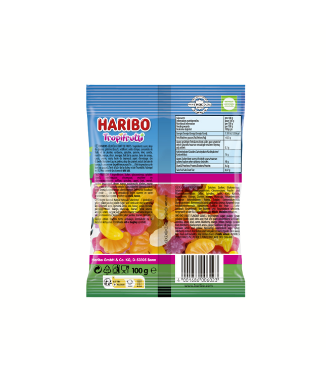 Haribo Tropifrutti Pocket size, Rückseite der 100g Tüte