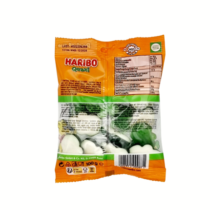 Haribo Quaxi Tüte, Rückseite mit Zutaten und Nährwerten