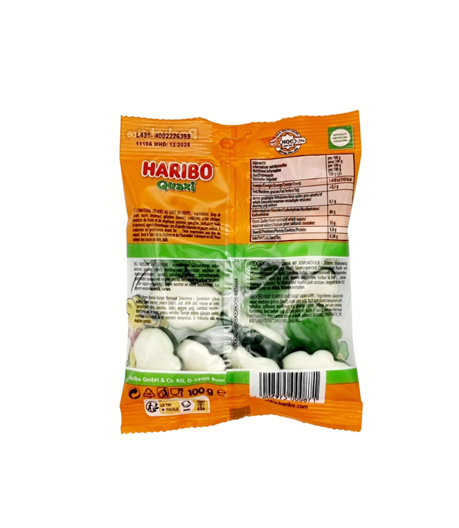 Haribo Quaxi Tüte, Rückseite mit Zutaten und Nährwerten