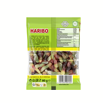 Haribo Worms F!zz Tüte, Rückseite mit Zutaten und Nährwerten