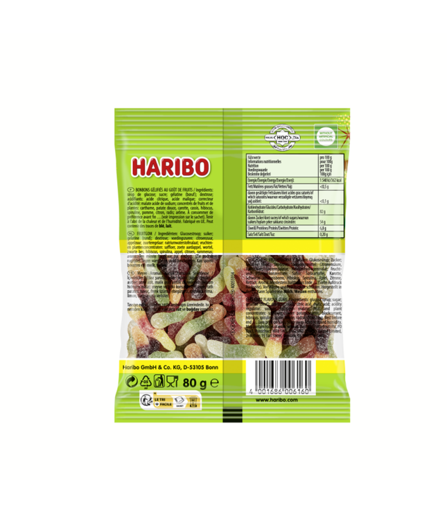 Haribo Worms F!zz Tüte, Rückseite mit Zutaten und Nährwerten