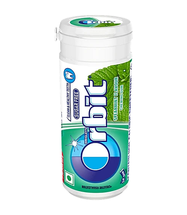 Orbit Spearmint Kaugummi-Dose, weiß mit grüner Aufschrift und blauem Orbit-Logo
