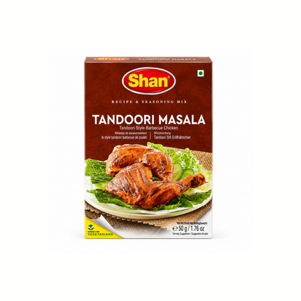 Gewürzmix Tandoori Masala von Shan, braunes Pack mit Hähnchenmotiv