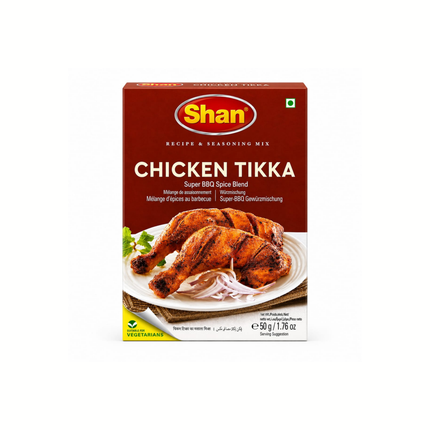 Gewürzmix Chicken Tikka von Shan, rotes Pack mit gegrilltem Hähnchenmotiv