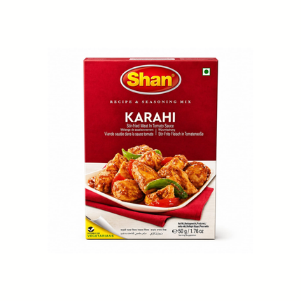 Gewürzmix Karahi von Shan, rotes Pack mit Hähnchenstücken und grünen Garnituren