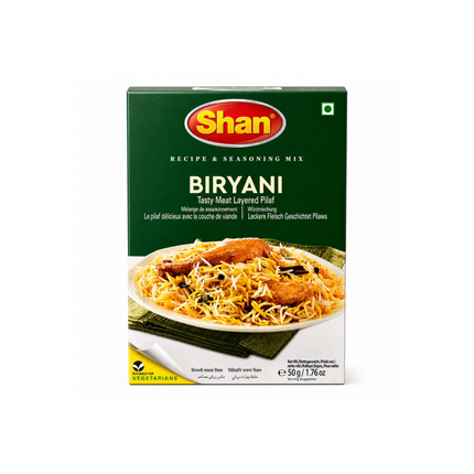 Gewürzmix Biryani von Shan, grünes Pack mit Schale voller Reis und Hähnchen