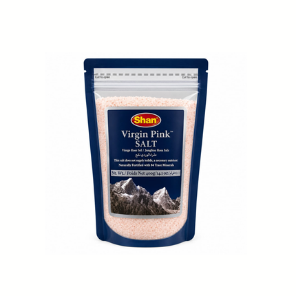 Shan Virgin Pink Salt, Standbodenbeutel mit rosa Salz und blauem Etikett