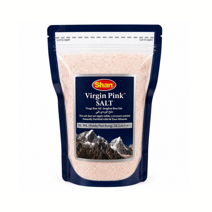Shan Virgin Pink Salt, Nachfüllbeutel mit rosafarbenem Salz im Sichtfenster