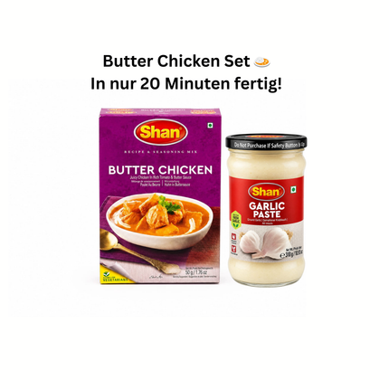 Butter Chicken Set mit Shan Gewürzmix und Garlic Paste im Glas, fertiges Gerichtmotiv