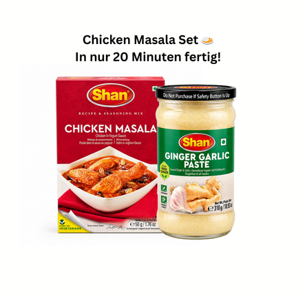 Chicken Masala Set mit Shan Gewürzmix und Ginger Garlic Paste im Glas