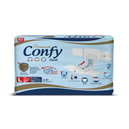 Erwachsenenwindeln-Packung Confy Premium Adult, Größe L, hellblau mit bedruckter Produktgrafik