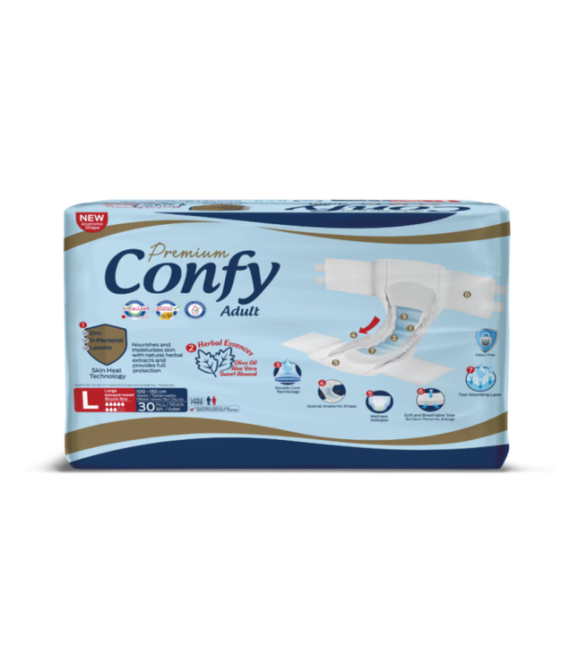 Erwachsenenwindeln-Packung Confy Premium Adult, Größe L, hellblau mit bedruckter Produktgrafik