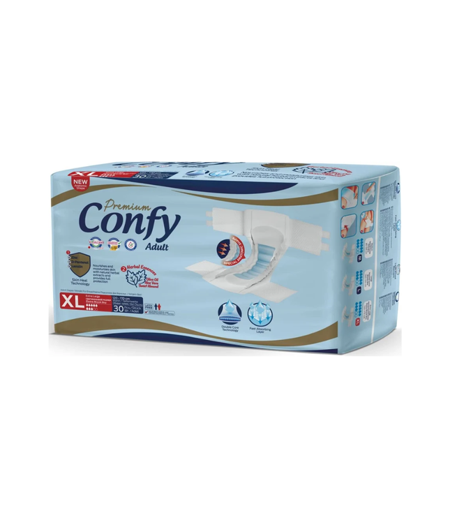 Erwachsenenwindeln-Packung Confy Premium Adult, Größe XL, Seitenansicht auf hellblauer Verpackung