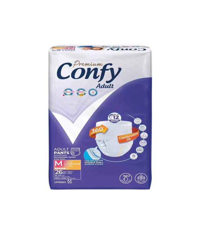 Erwachsenenpants-Packung Confy Premium Adult, Größe M, weiß und lila mit Komfort-Fit Grafik