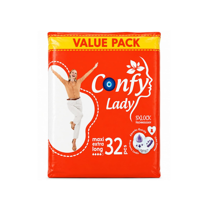 Damenbinden-Packung, Confy Lady maxi extra long, 32 Stück, rot-orangefarben, Value Pack