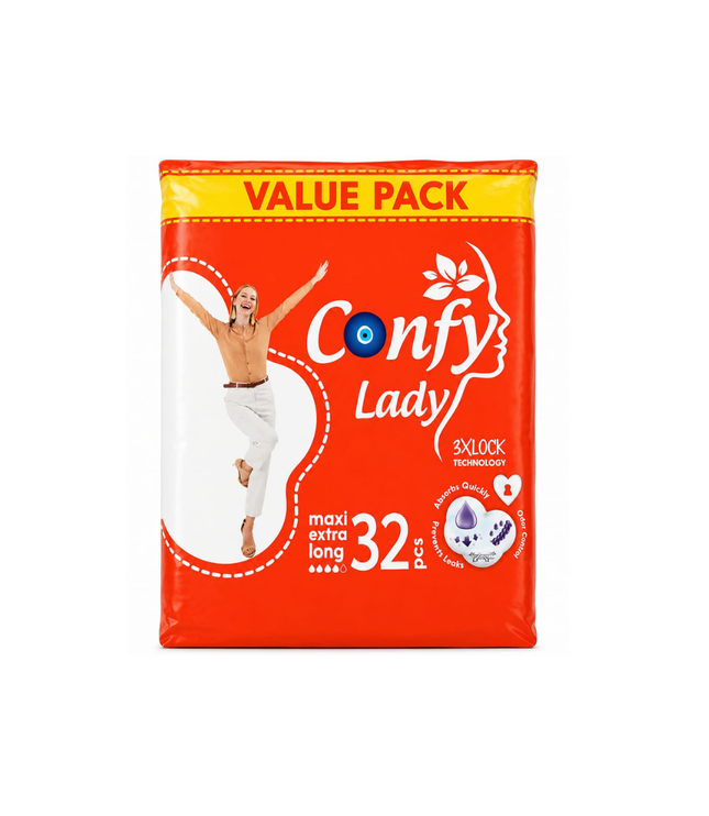 Damenbinden-Packung, Confy Lady maxi extra long, 32 Stück, rot-orangefarben, Value Pack