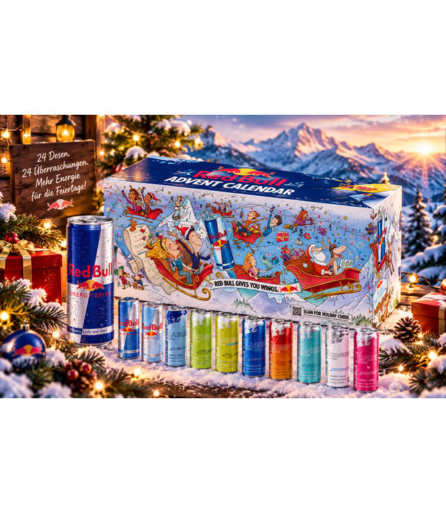 Red Bull Adventskalender mit 24 Dosen à 250 ml, Geschenkbox und Dosen davor