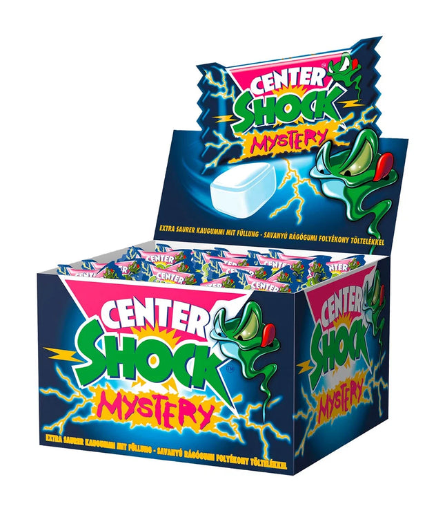 Center Shock Mystery Bonbonpackung, blaue Schachtel mit grünem Schreckmotiv