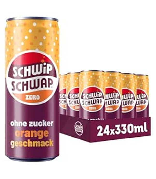 Schwip Schwap Zero Orange Vorratspackung mit 24 Dosen à 0,33 l, orangefarbener Aufdruck