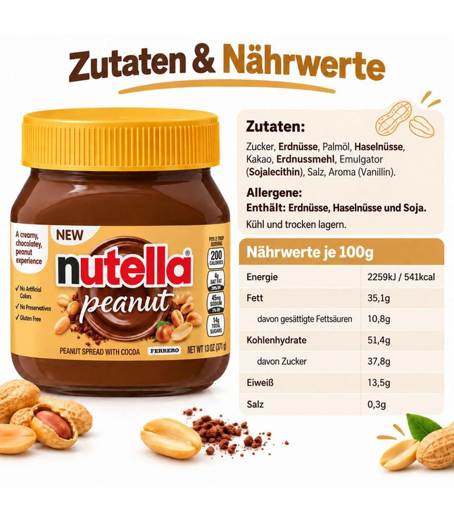 Nutella Peanut 371 g mit Zutaten- und Nährwertetabelle, braunes Glas, gelber Deckel