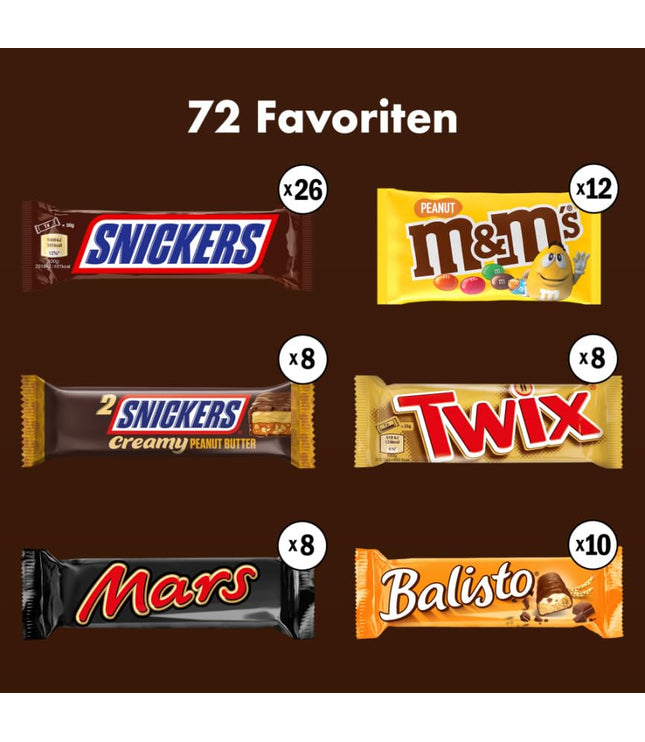 Schokoriegel-Box mit Übersicht der 72 Favoriten: Snickers, M&M’s, Twix, Mars, Balisto