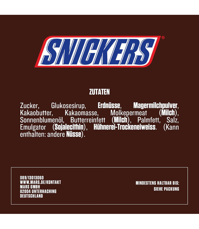 Snickers-Schokoriegel Rückseite mit Zutatenliste und Herstellerangaben