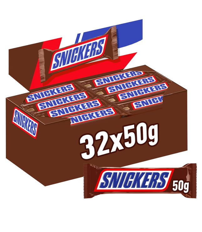 Snickers Schokoriegel-Sortiment in brauner Box, Aufdruck 32x50 g, Riegel-Pack