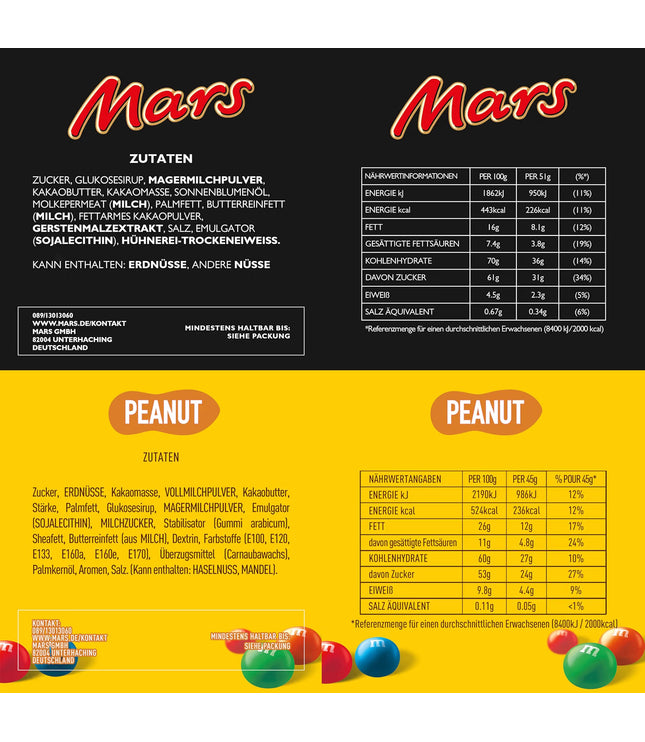 Mars-Schokoriegel Rückseite mit Zutaten- und Nährwertinformationen, Peanut-Variante