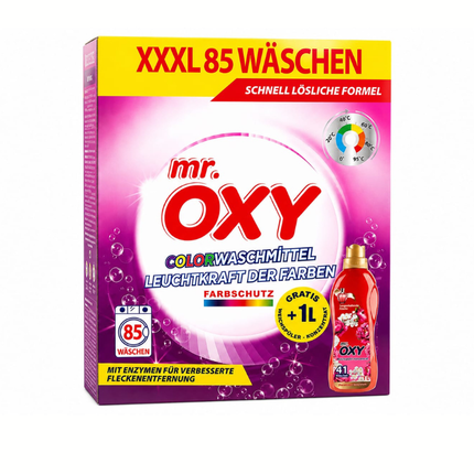Lila mr. OXY Colorwaschmittel: Packung mit 1‑l Gratis-Flasche