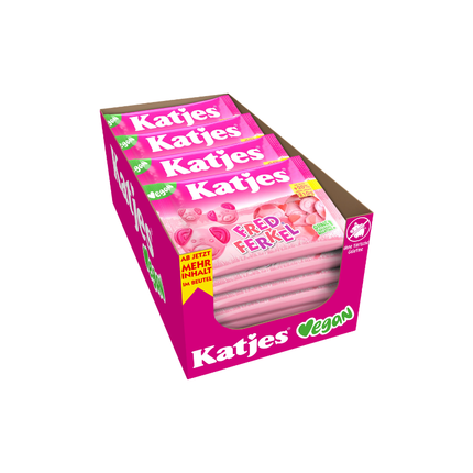 Fruchtgummi-Box mit mehreren Beuteln „Fred Ferkel“ in pink, vegan verpackt