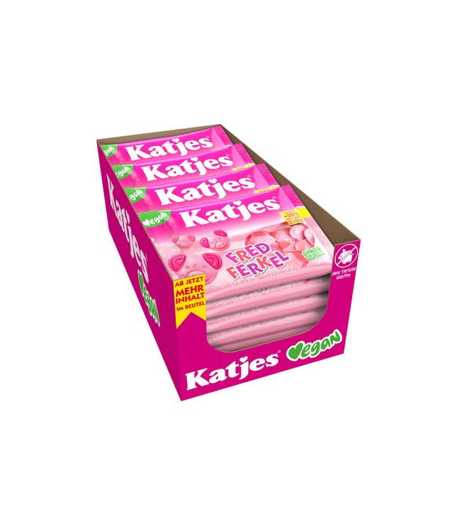 Fruchtgummi-Box mit mehreren Beuteln „Fred Ferkel“ in pink, vegan verpackt