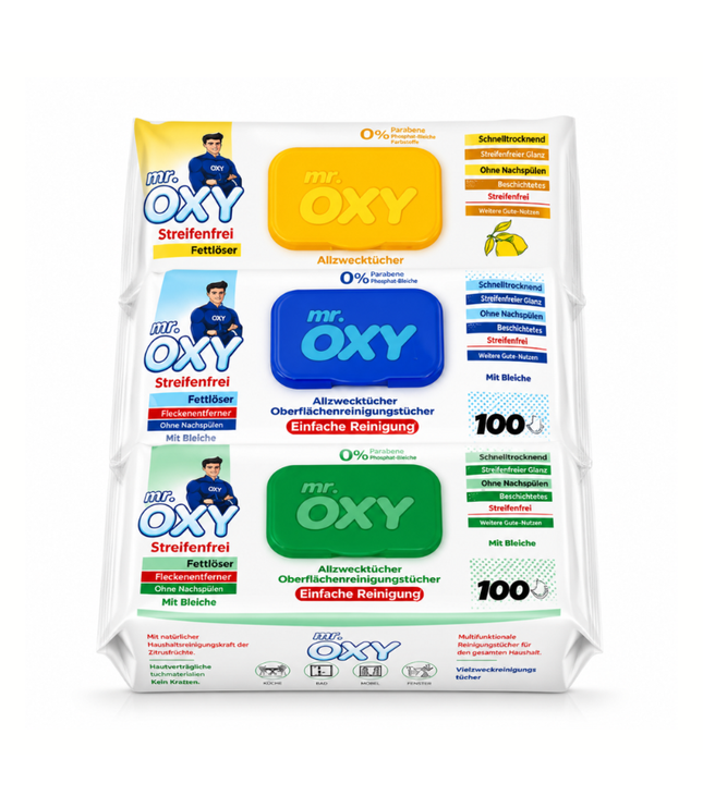 Allzweckreinigungstücher-Packung mit mr. OXY, blauem und grünem Motiv, bunten Angaben